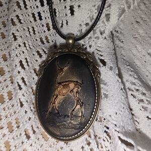 Deer Skeleton Cameo In Bronze Tone Frame 16-18 Adjustable Cord Necklace
